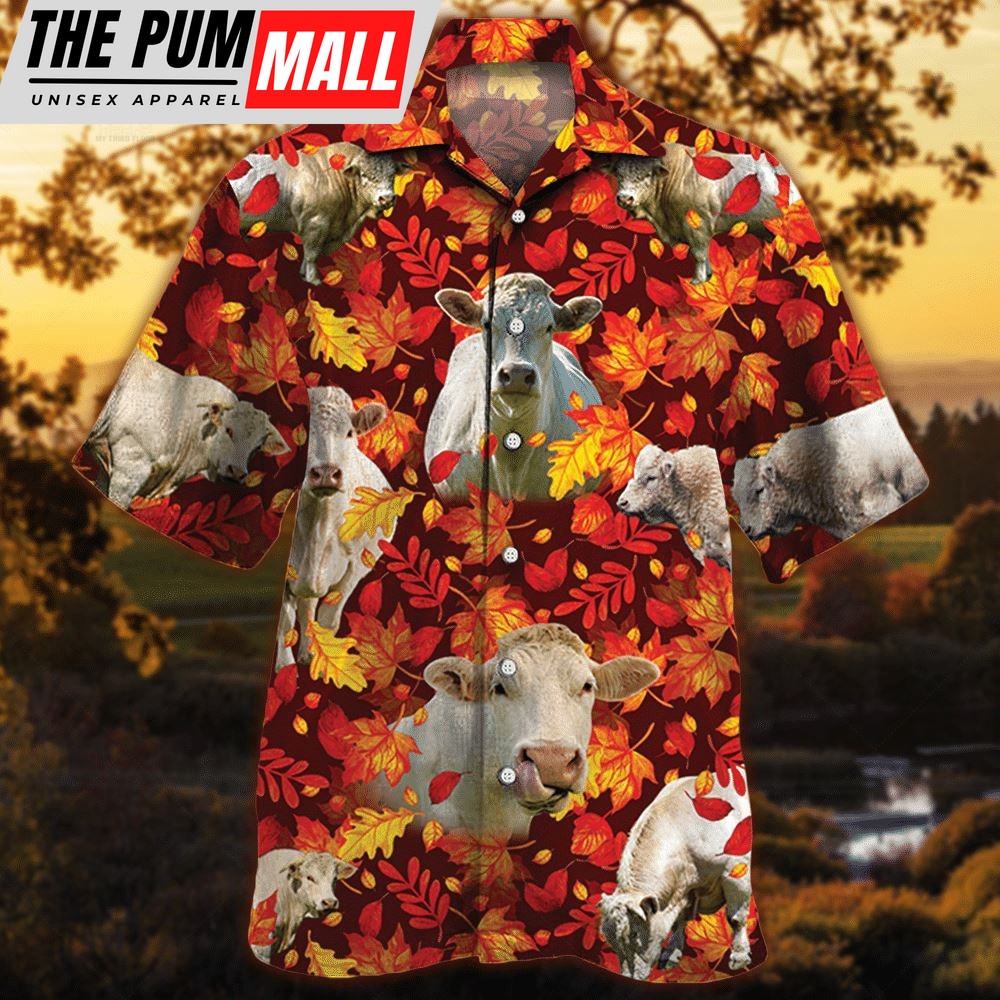 Farm Hawaiian Shirt, Charolais Cattle Autumn Leaves All Over Printed 3D Hawaiian Shirt, Animal Hawaiian Shirt