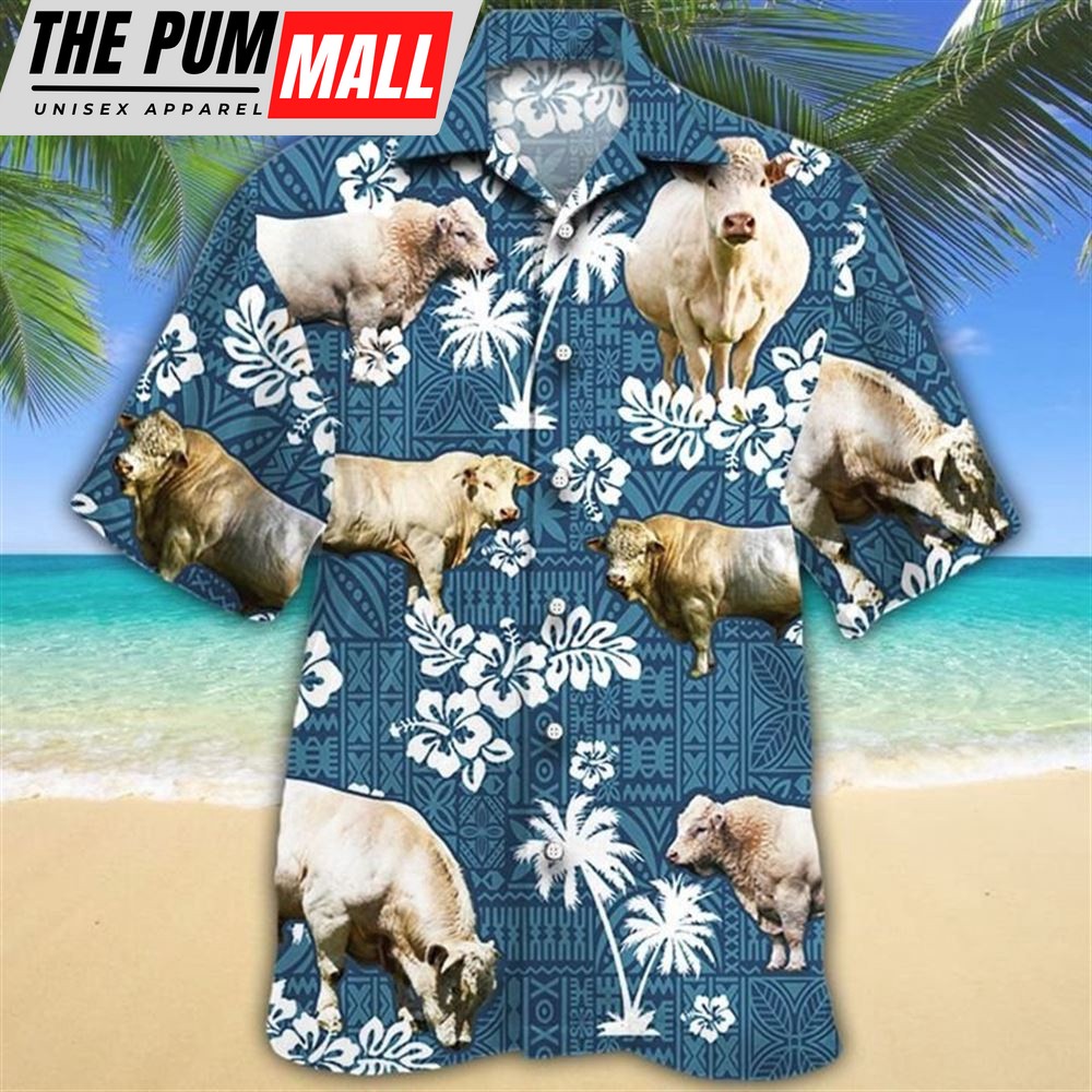 Farm Hawaiian Shirt, Charolais Cattle Blue Tribal All Over Printed 3D Hawaiian Shirt, Animal Hawaiian Shirt