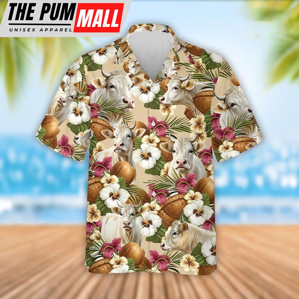 Farm Hawaiian Shirt, Charolais Cattle Coconut Tropical Flowers Hawaiian Shirt, Summer Gift, Animal Hawaiian Shirt