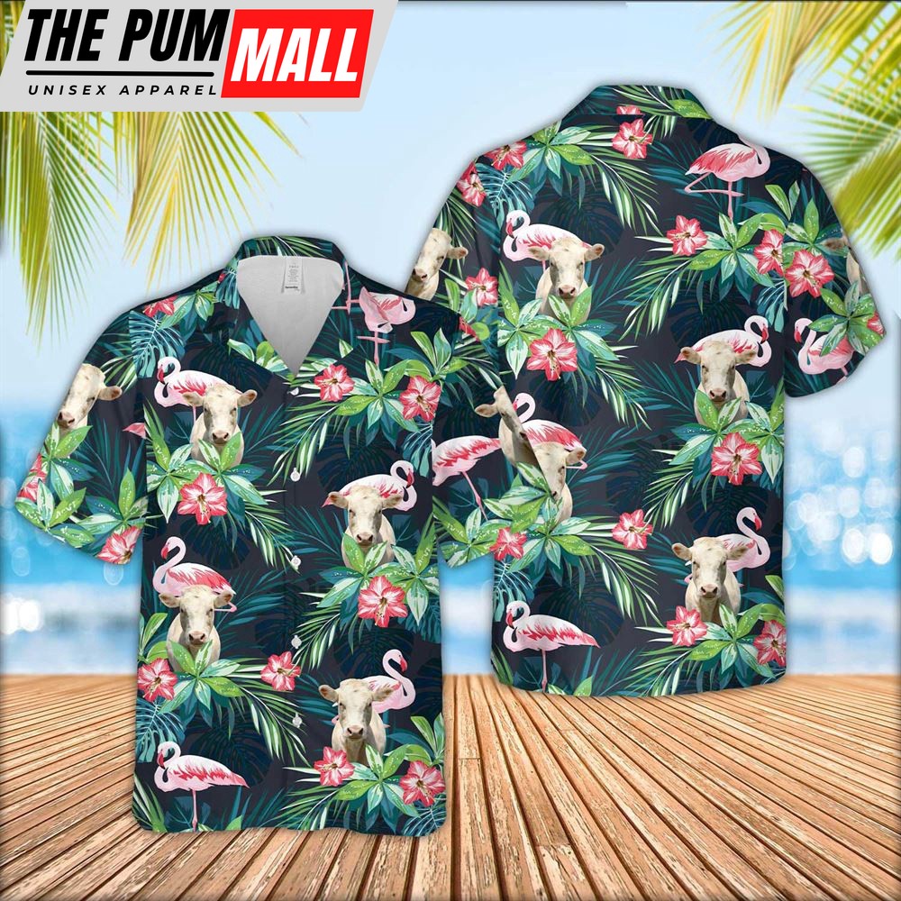 Farm Hawaiian Shirt, Charolais Cattle Flamingo Hawaiian Shirt, Animal Hawaiian Shirt