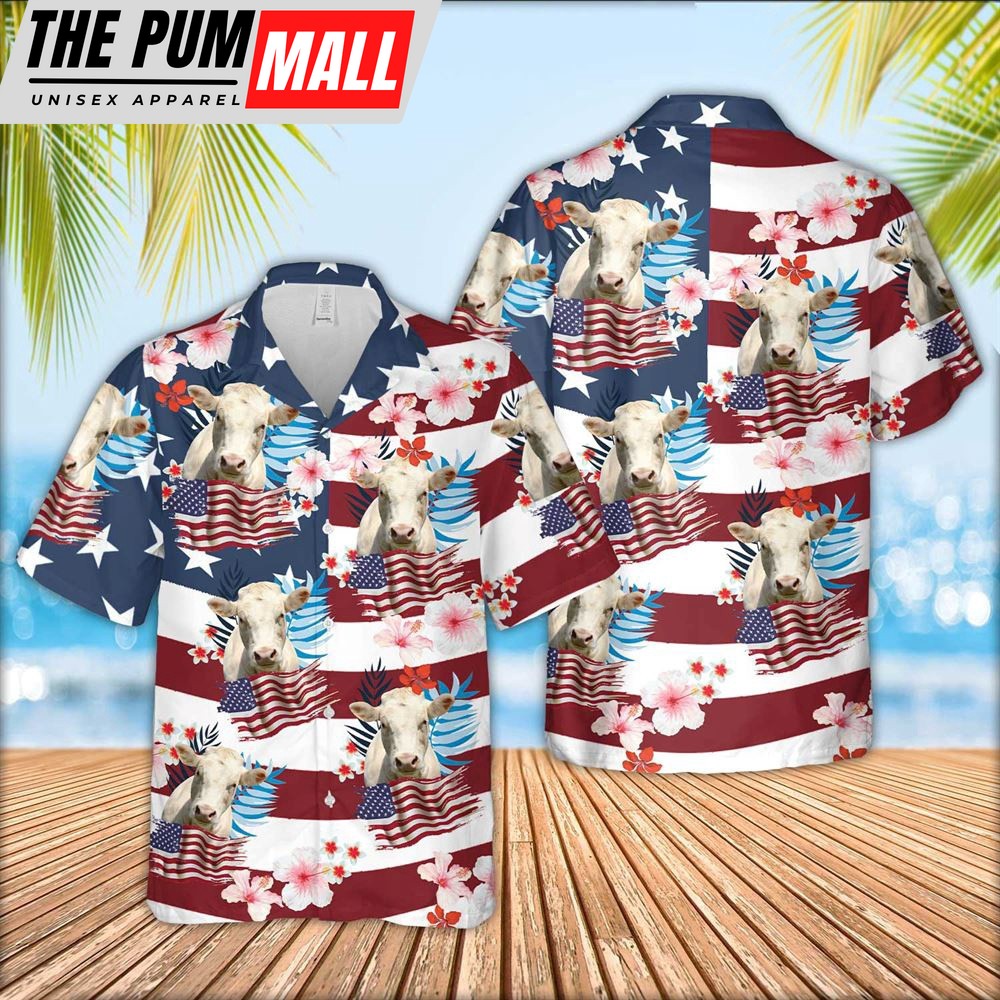 Farm Hawaiian Shirt, Charolais Cattle Floral U.S Flag Pattern Hawaiian Shirt, Animal Hawaiian Shirt