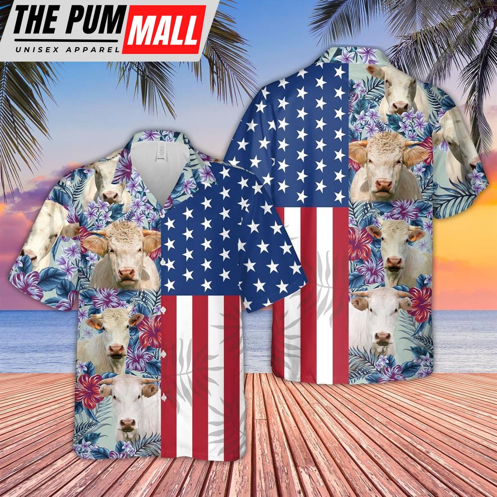 Farm Hawaiian Shirt, Charolais Cattle Flower Pattern Us Flag 3D Hawaiian Shirt, Animal Hawaiian Shirt