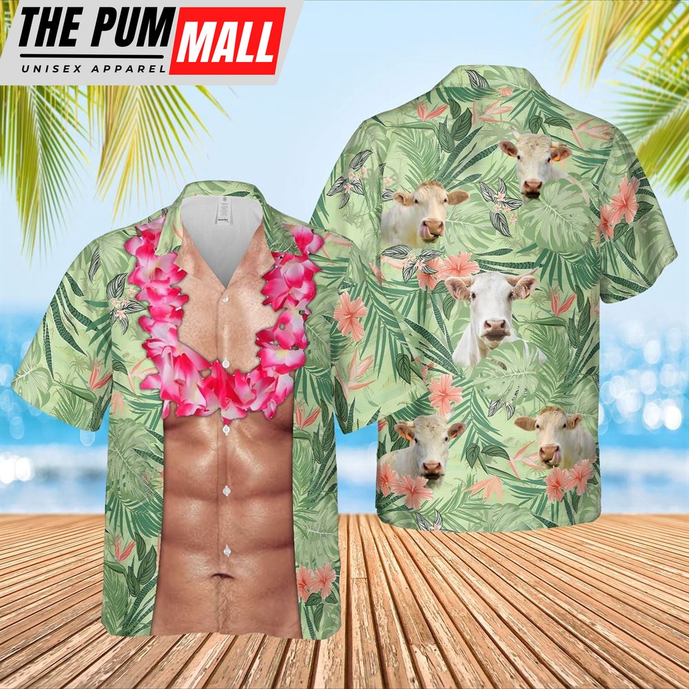 Farm Hawaiian Shirt, Charolais Cattle Funny 6-Pack Body Hawaiian Shirt, Animal Hawaiian Shirt