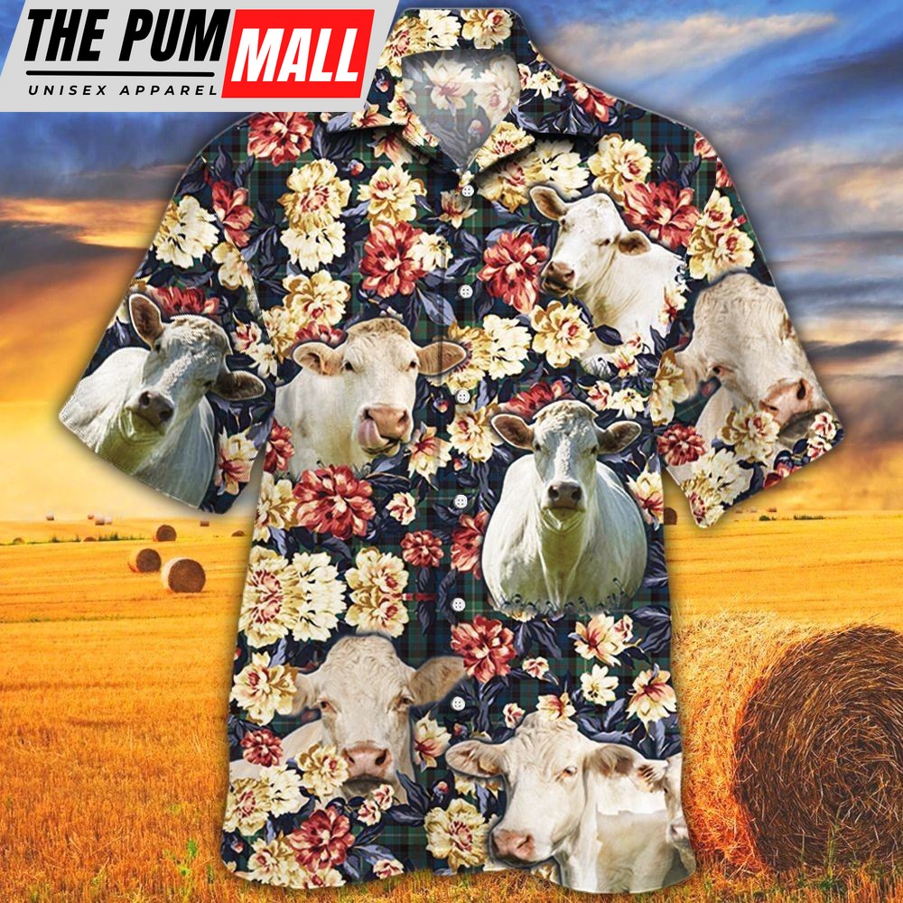 Farm Hawaiian Shirt, Charolais Cattle Green Plaid Pattern All Over Printed 3D Hawaiian Shirt, Animal Hawaiian Shirt