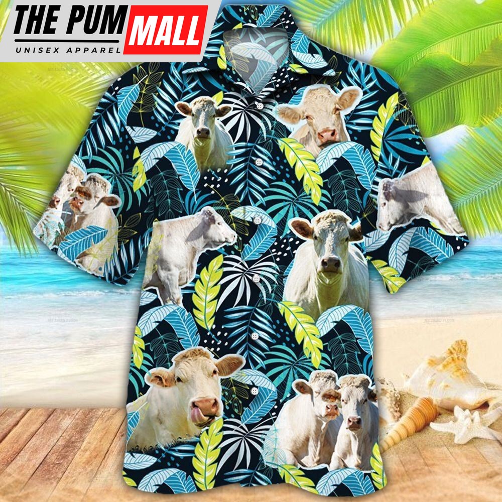 Farm Hawaiian Shirt, Charolais Cattle Jungle Leaves All Over Printed 3D Hawaiian Shirt, Animal Hawaiian Shirt