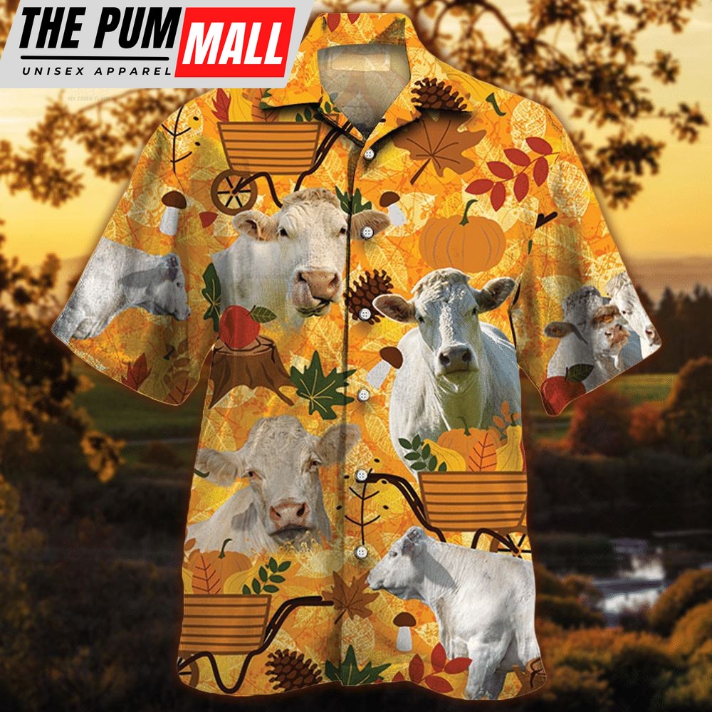 Farm Hawaiian Shirt, Charolais Cattle Nature Autumn Pumpkin All Over Printed 3D Hawaiian Shirt, Animal Hawaiian Shirt