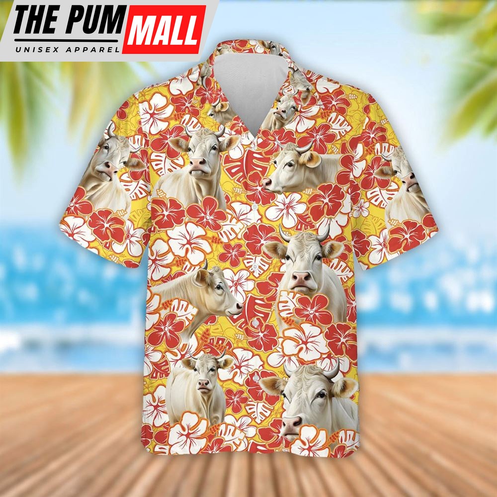 Farm Hawaiian Shirt, Charolais Cattle Orange Flower Pattern 3D Hawaiian Shirt, Summer Gift, Animal Hawaiian Shirt