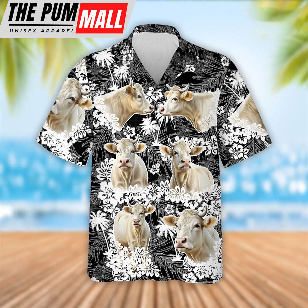 Farm Hawaiian Shirt, Charolais Cattle Palm Tree Pattern Hawaiian Shirt, Summer Gift, Animal Hawaiian Shirt