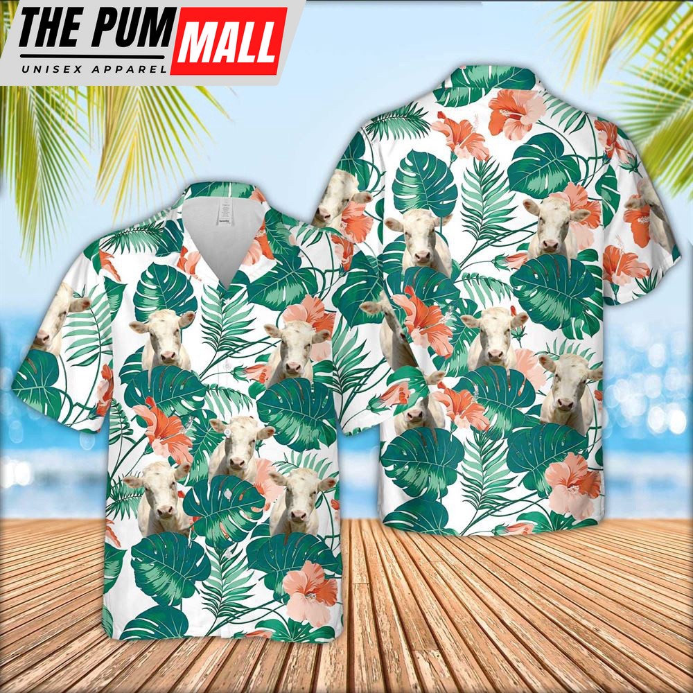 Farm Hawaiian Shirt, Charolais Cattle Pattern 3D Men Hawaiian Shirt, Animal Hawaiian Shirt
