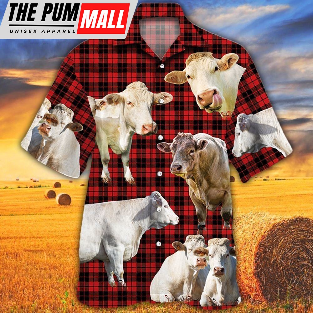 Farm Hawaiian Shirt, Charolais Cattle Red Tartan Pattern All Over Printed 3D Hawaiian Shirt, Animal Hawaiian Shirt