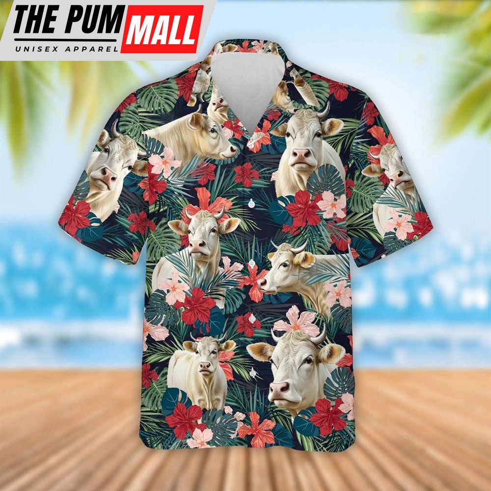 Farm Hawaiian Shirt, Charolais Cattle Red Tropical Flowers Hawaiian Shirt, Summer Gift, Animal Hawaiian Shirt