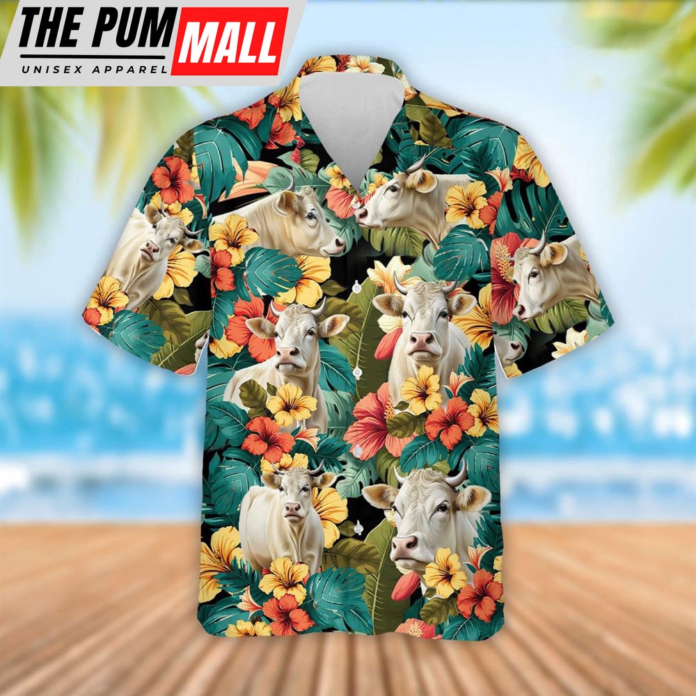Farm Hawaiian Shirt, Charolais Cattle Tropical Flowers Hawaiian Shirt, Summer Gift, Animal Hawaiian Shirt