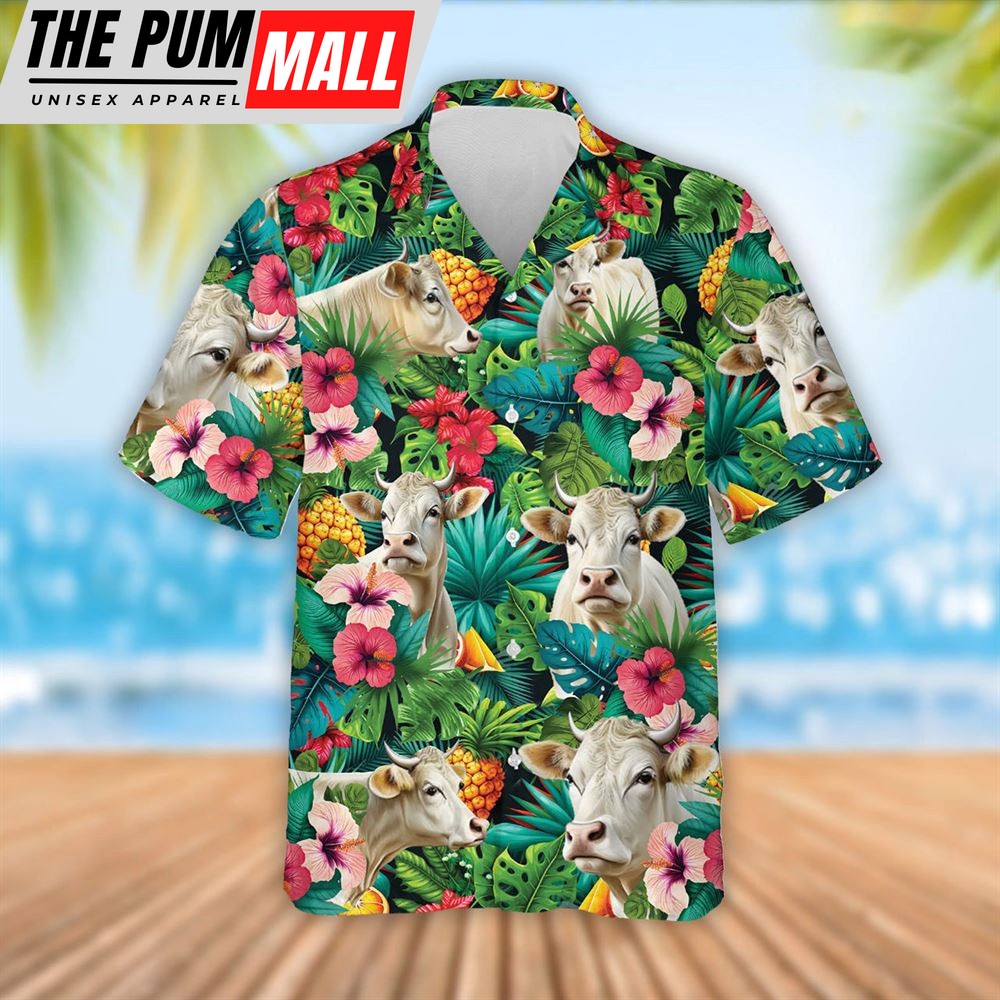Farm Hawaiian Shirt, Charolais Cattle Tropical Fruits Pattern Hawaiian Shirt, Summer Gift, Animal Hawaiian Shirt