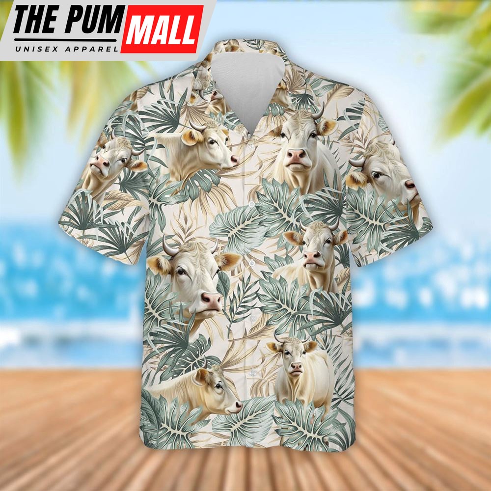 Farm Hawaiian Shirt, Charolais Cattle Tropical Leaf Pattern Hawaiian Shirt, Summer Gift, Animal Hawaiian Shirt