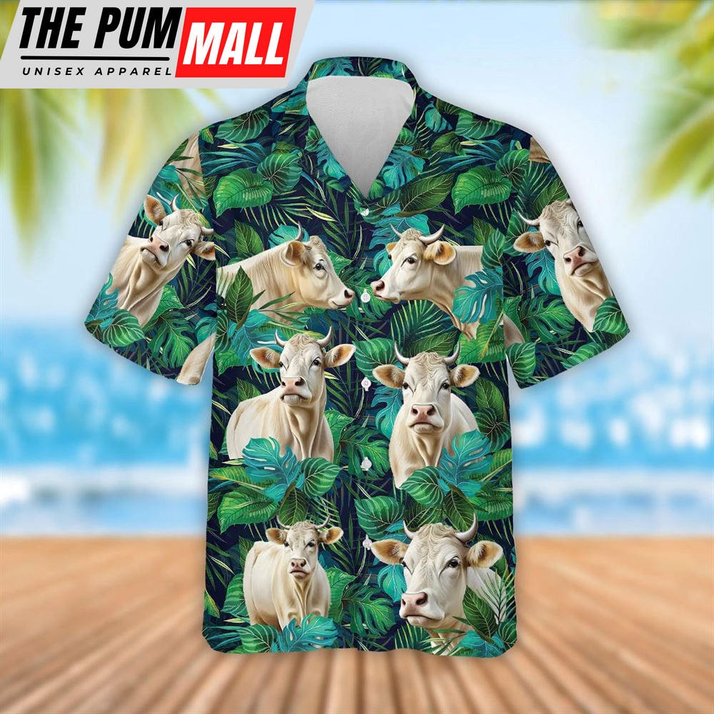 Farm Hawaiian Shirt, Charolais Cattle Tropical Leaves Hawaiian Shirt, Summer Gift, Animal Hawaiian Shirt