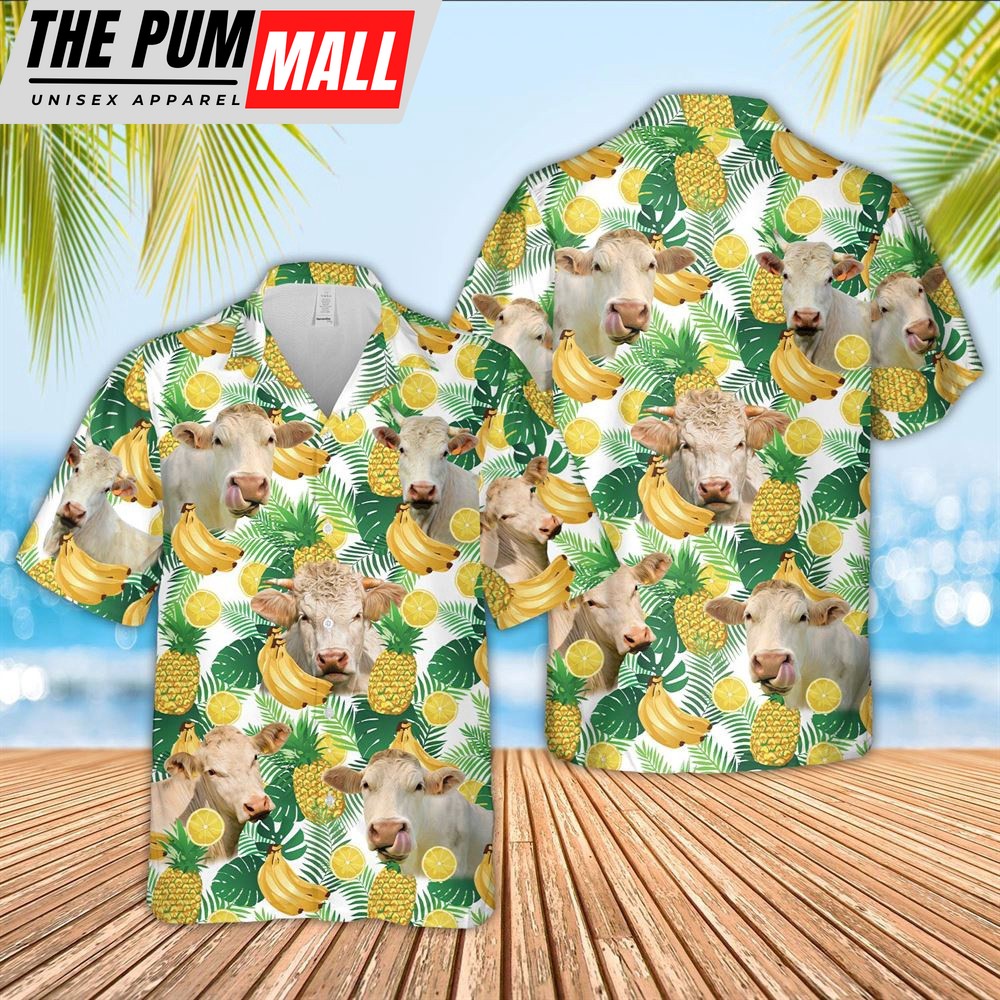 Farm Hawaiian Shirt, Charolais Cattle White Tropical Fruits Pattern Hawaiian Shirt, Animal Hawaiian Shirt
