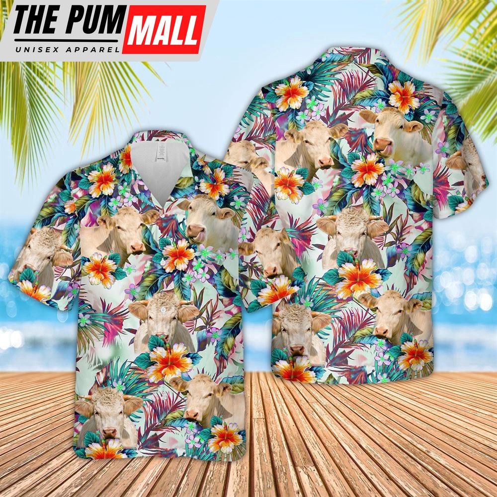 Farm Hawaiian Shirt, Charolais Colorful Leaf Pattern Hawaiian Shirt, Animal Hawaiian Shirt
