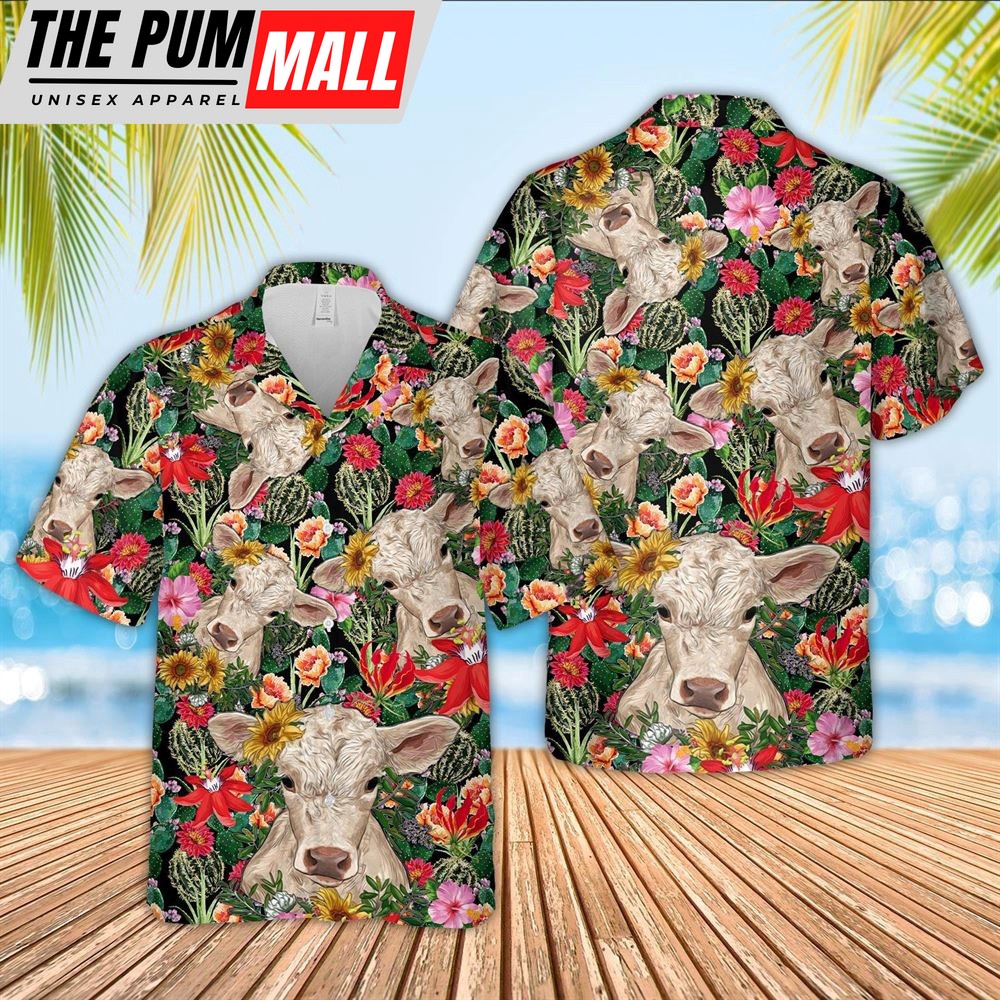 Farm Hawaiian Shirt, Charolais Cow And Flower Drawing Hawaiian Shirt, Animal Hawaiian Shirt