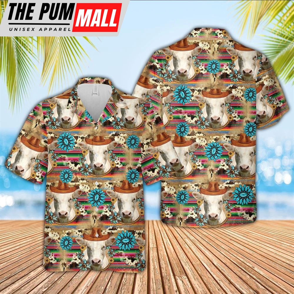 Farm Hawaiian Shirt, Charolais Cowboy Pattern 3D Hawaiian Shirt, Animal Hawaiian Shirt