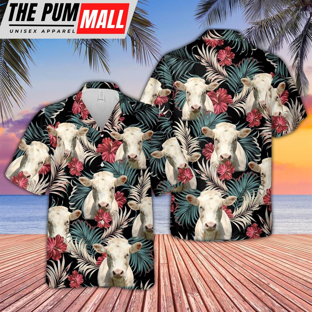Farm Hawaiian Shirt, Charolais Dark Red Flowers Pattern Hawaiian Shirt, Animal Hawaiian Shirt