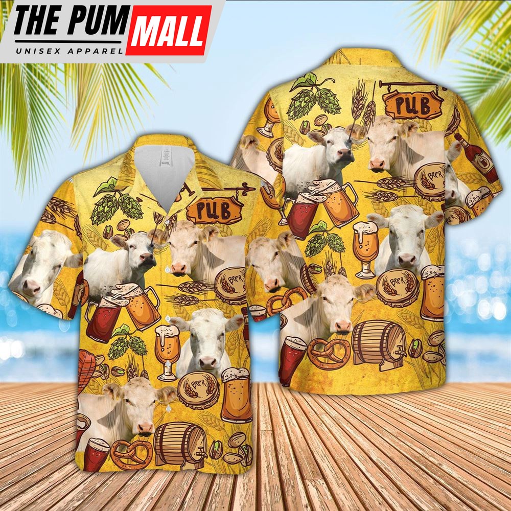 Farm Hawaiian Shirt, Charolais Drink Beer Pattern 3D Hawaiian Shirt, Animal Hawaiian Shirt
