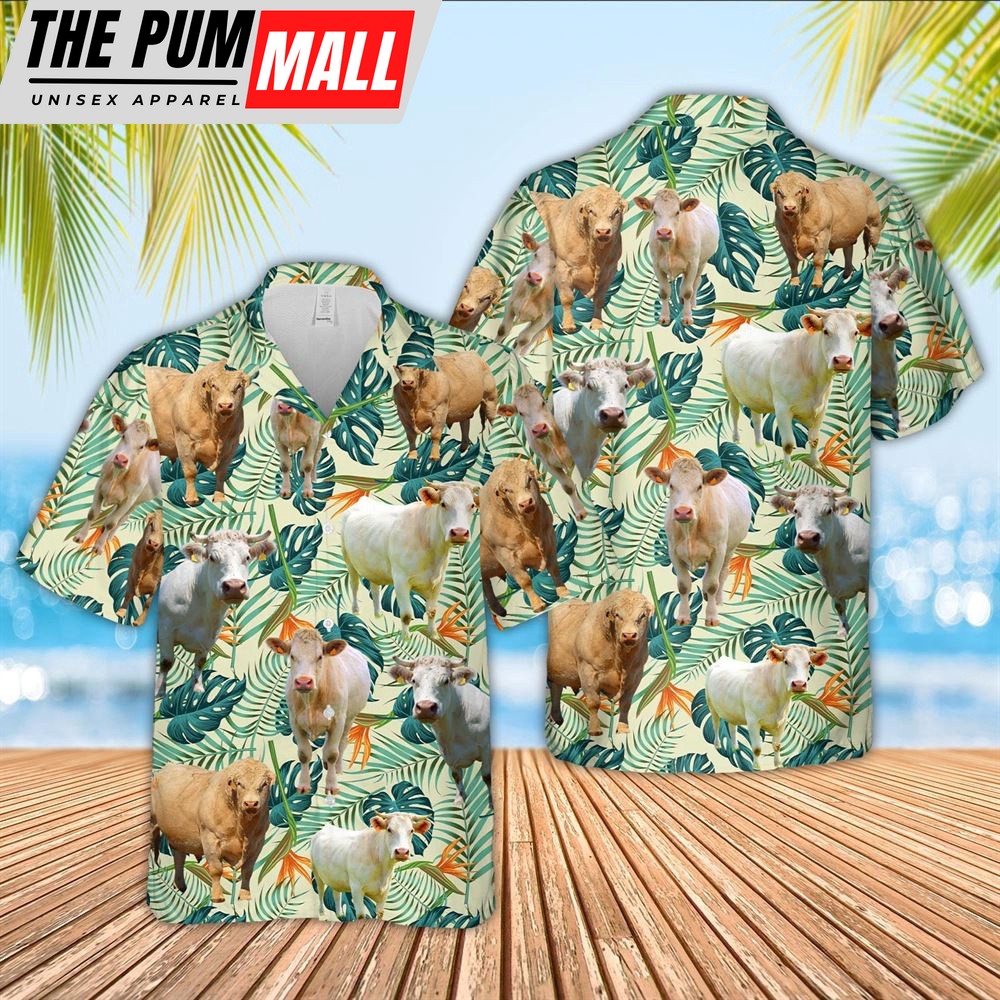 Farm Hawaiian Shirt, Charolais Green Pattern 3D Hawaiian Shirt, Animal Hawaiian Shirt