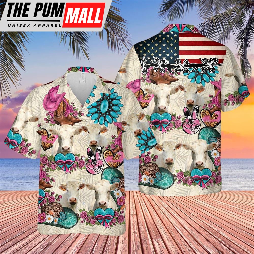 Farm Hawaiian Shirt, Charolais Happiness Flowers 3D Hawaiian Shirt, Animal Hawaiian Shirt