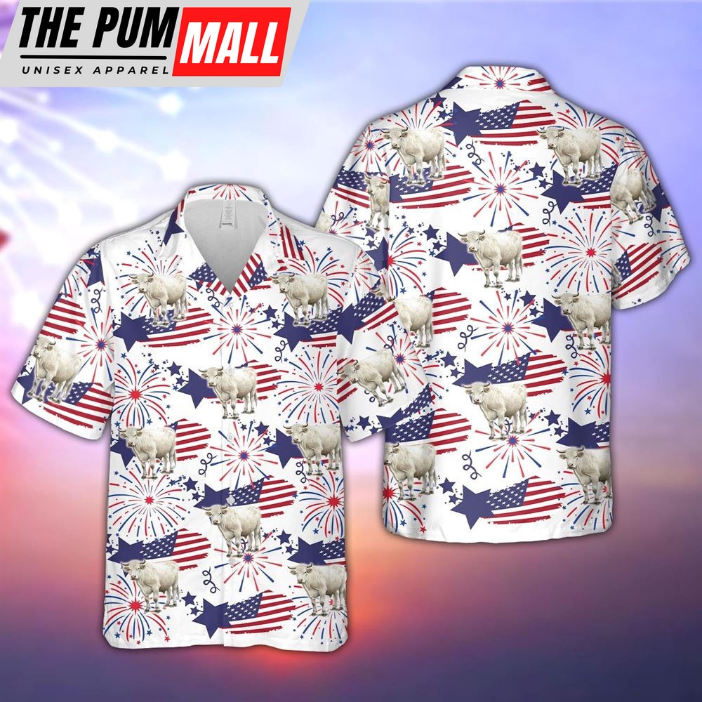 Farm Hawaiian Shirt, Charolais Happy Firework Flag Hawaiian Shirt, Summer Gift, Animal Hawaiian Shirt