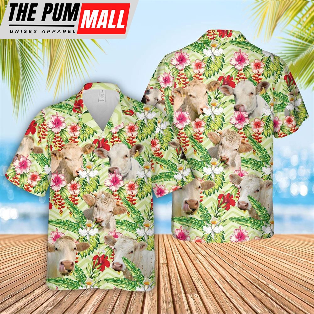 Farm Hawaiian Shirt, Charolais Hibicus Floral 3D Hawaiian Shirt, Animal Hawaiian Shirt