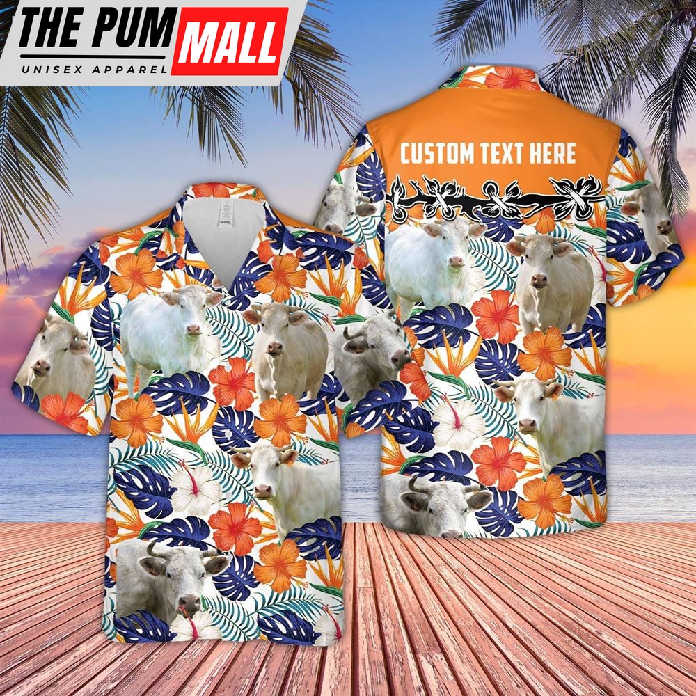 Farm Hawaiian Shirt, Charolais Hibiscus Blue Floral Custom Name 3D Hawaiian Shirt, Animal Hawaiian Shirt