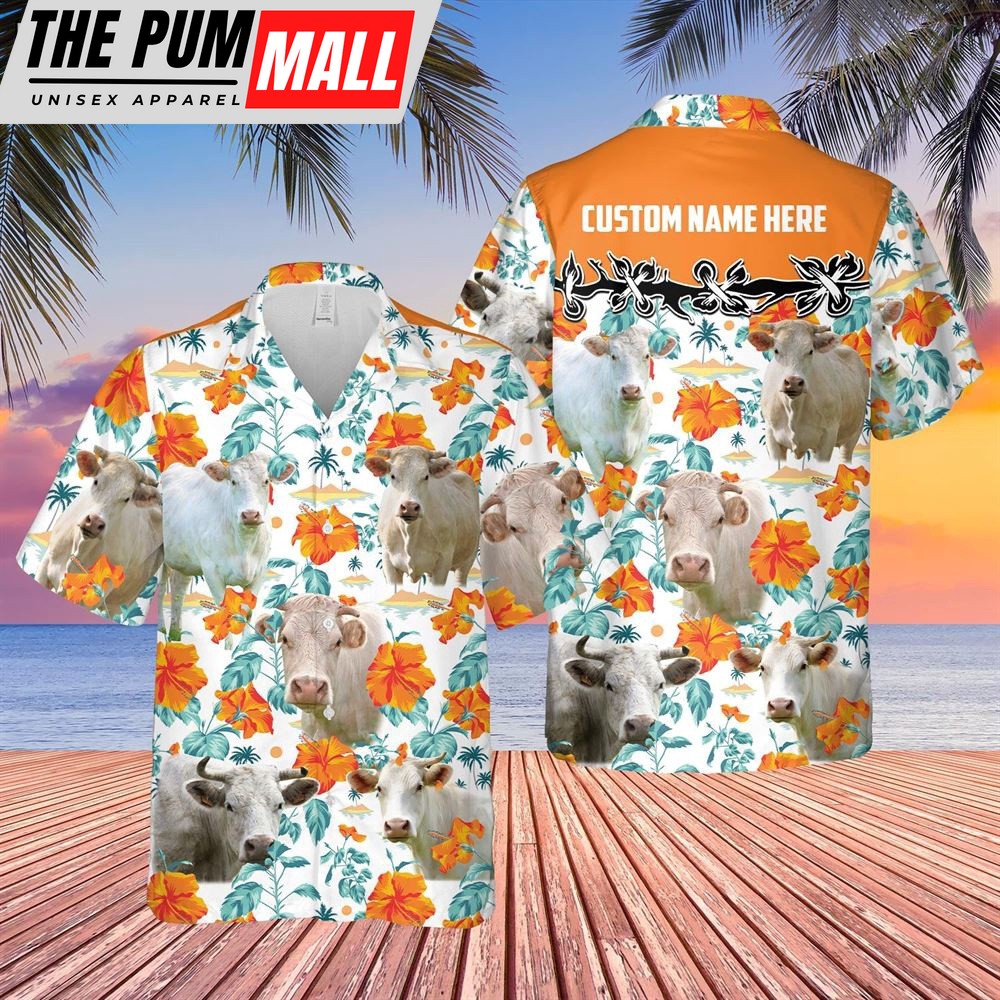 Farm Hawaiian Shirt, Charolais Hibiscus Floral Custom Name 3D Hawaiian Shirt, Animal Hawaiian Shirt