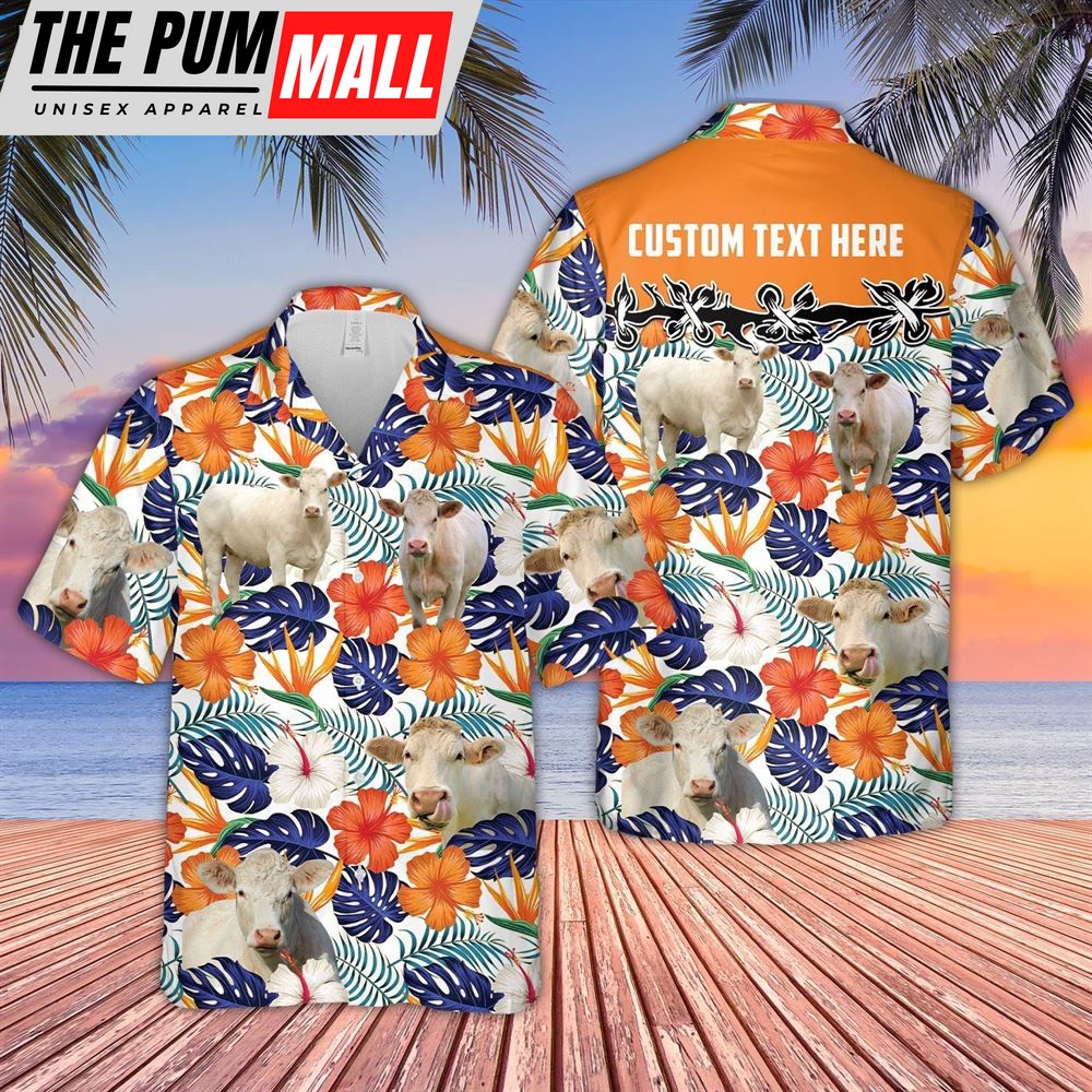 Farm Hawaiian Shirt, Charolais No Horn Hibiscus Blue Floral Custom Name 3D Hawaiian Shirt, Animal Hawaiian Shirt
