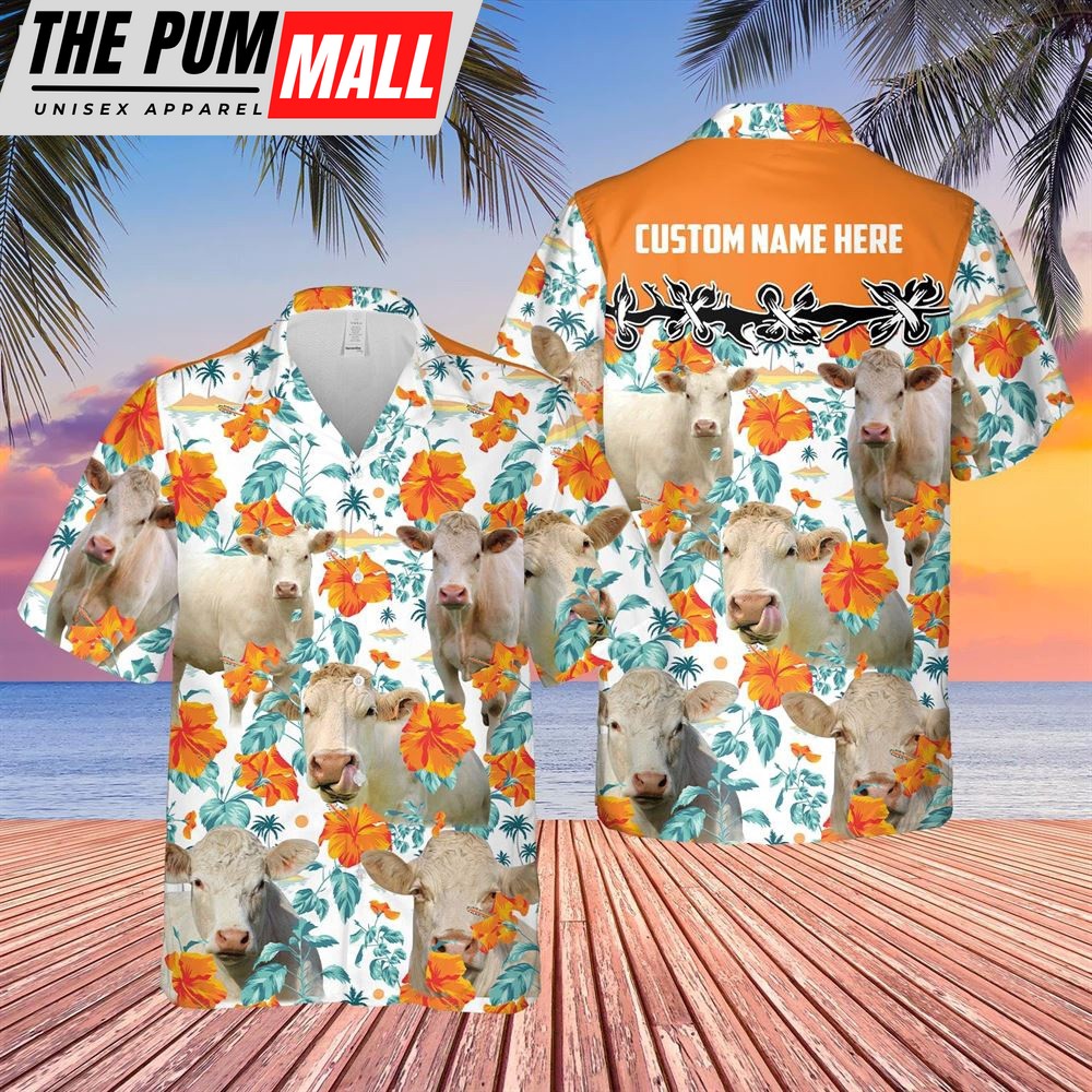 Farm Hawaiian Shirt, Charolais No Horn Hibiscus Floral Custom Name 3D Hawaiian Shirt, Animal Hawaiian Shirt