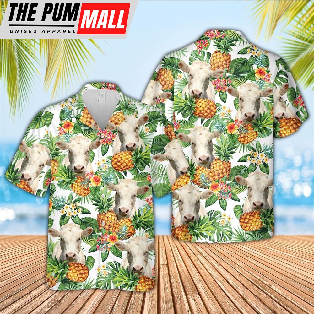 Farm Hawaiian Shirt, Charolais Pineapple Pattern 3D Hawaiian Shirt, Animal Hawaiian Shirt