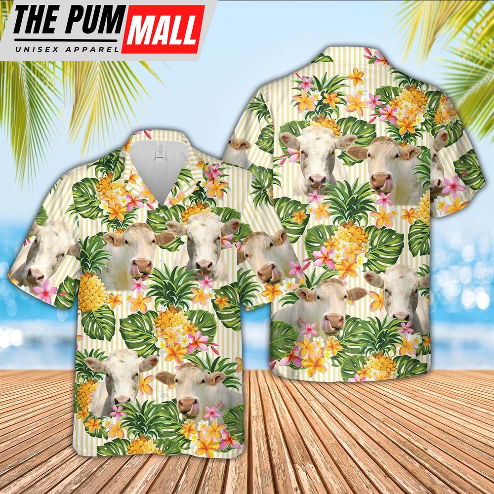 Farm Hawaiian Shirt, Charolais Pineapple Pattern Hawaiian Shirt, Animal Hawaiian Shirt