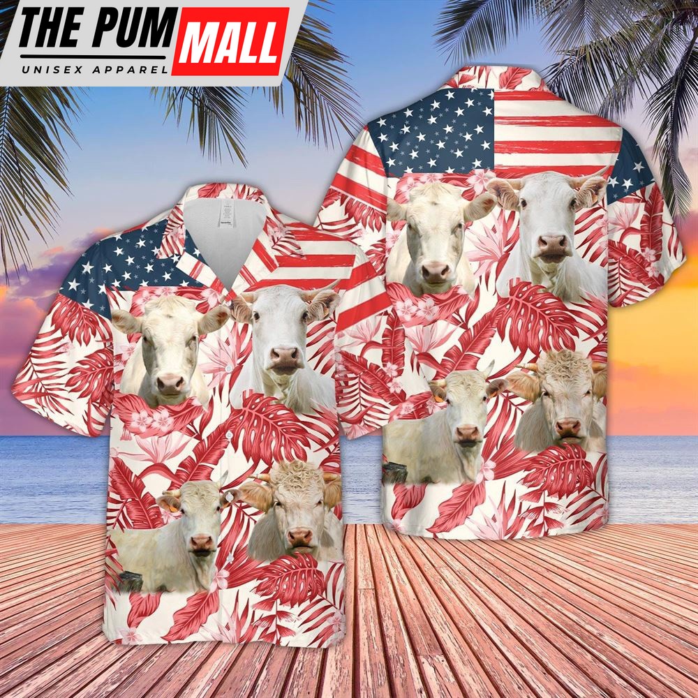 Farm Hawaiian Shirt, Charolais Red Floral Us Flag 3D Hawaiian Shirt, Animal Hawaiian Shirt