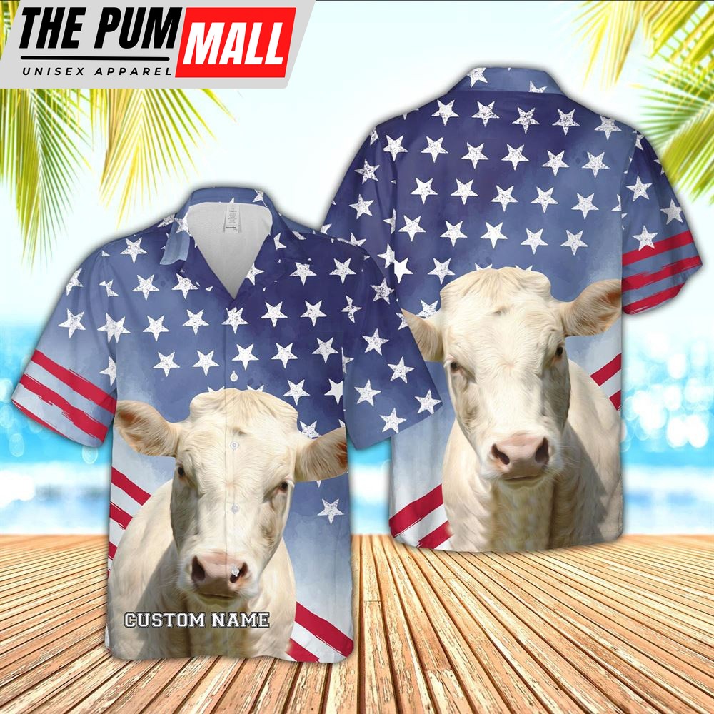 Farm Hawaiian Shirt, Charolais Star Pattern Customized Name 3D Hawaiian Shirt, Animal Hawaiian Shirt