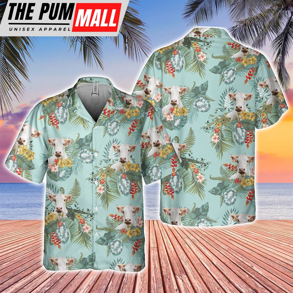 Farm Hawaiian Shirt, Charolais Tropical Flowers Pattern Hawaiian Shirt, Animal Hawaiian Shirt
