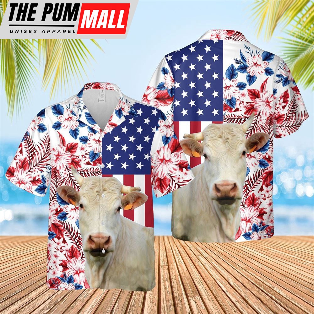 Farm Hawaiian Shirt, Charolais Us Flag Flower 3D Hawaiian Shirt, Animal Hawaiian Shirt