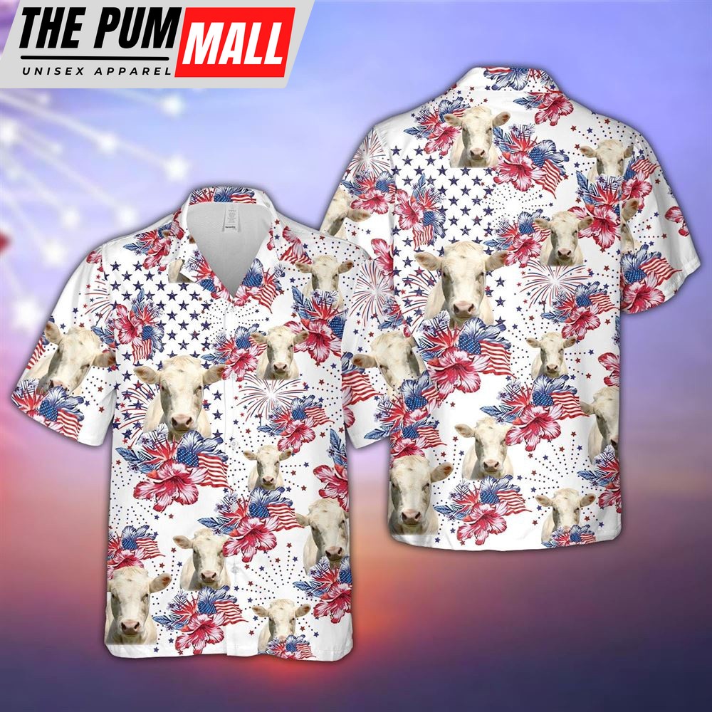 Farm Hawaiian Shirt, Charolais Us Flag Flower Pattern 3D Hawaiian Shirt, Summer Gift, Animal Hawaiian Shirt