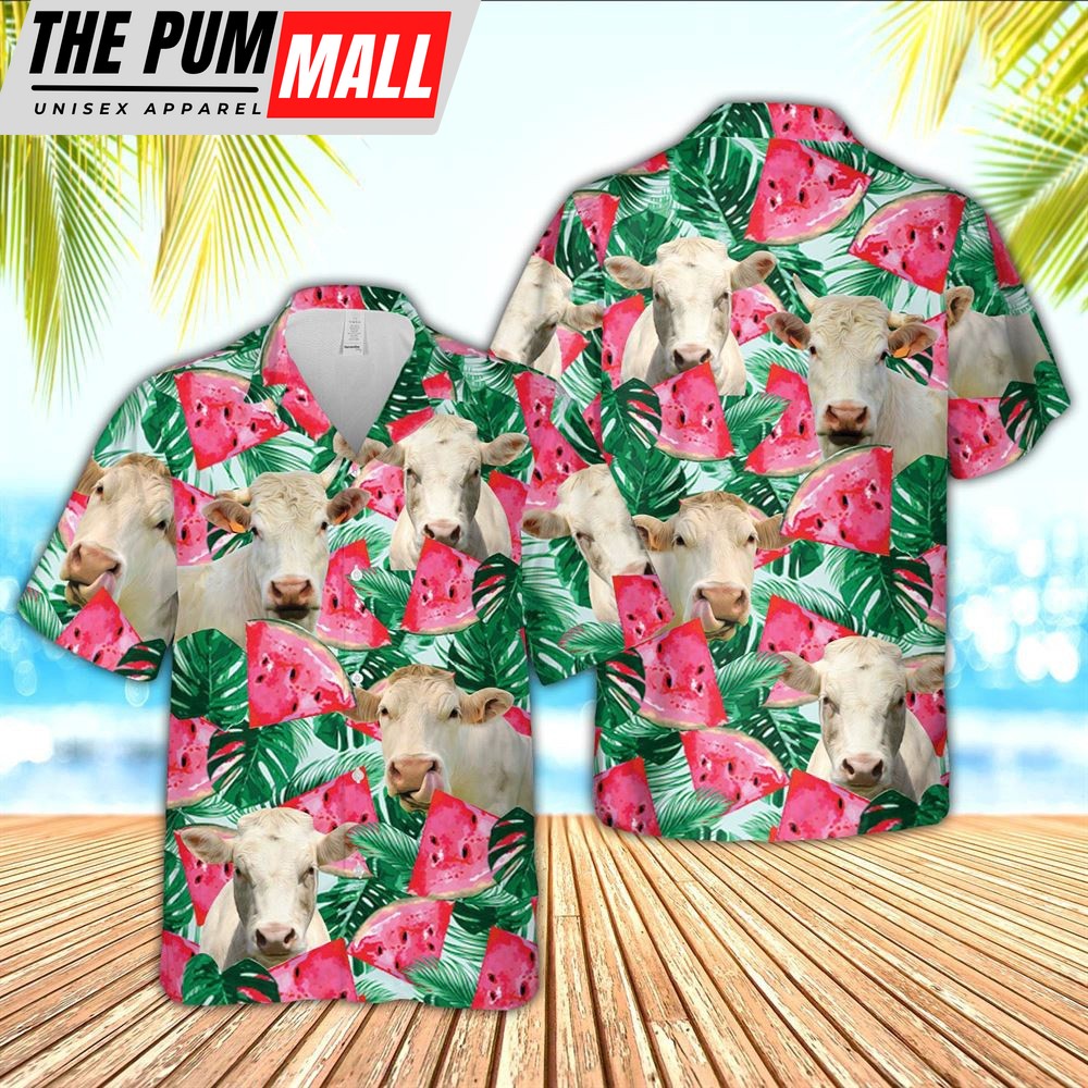 Farm Hawaiian Shirt, Charolais Watermelon 3D Hawaiian Shirt, Animal Hawaiian Shirt