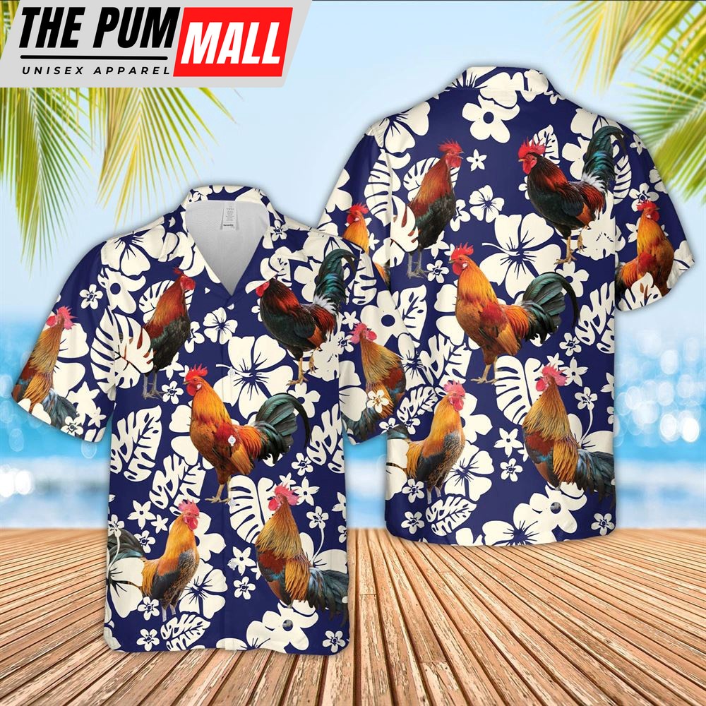 Farm Hawaiian Shirt, Chicken Flower Blue Pattern 3D Hawaiian Shirt, Animal Hawaiian Shirt