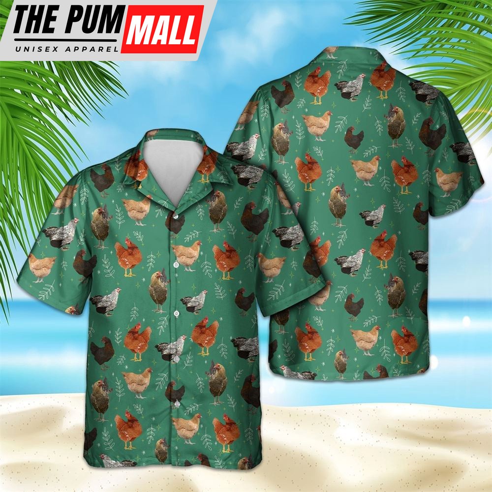 Farm Hawaiian Shirt, Chicken Pattern Green Hawaiian Shirt For Men And Women, Animal Hawaiian Shirt