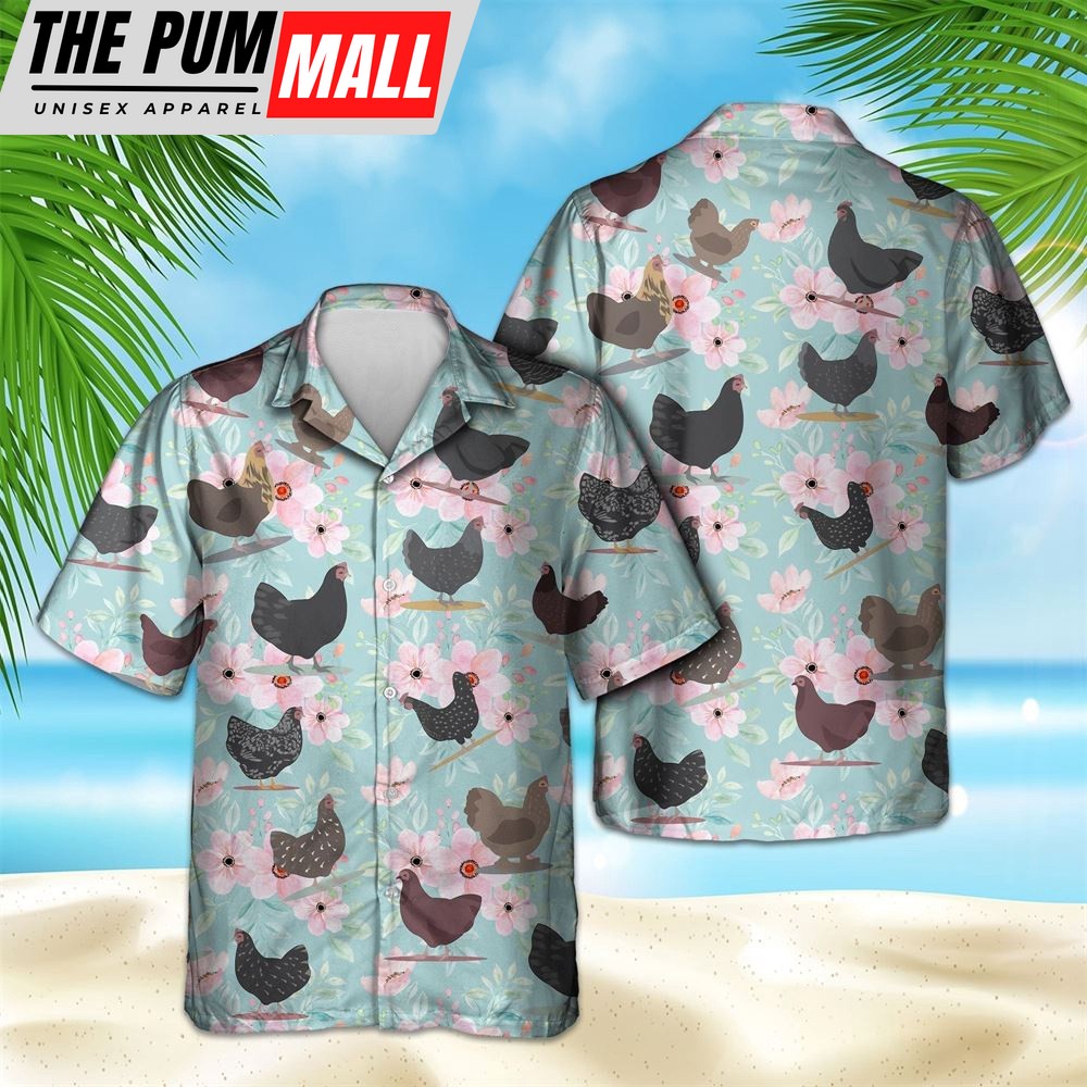 Farm Hawaiian Shirt, Chicken Pattern Light Blue Hawaiian Shirt For Men And Women, Animal Hawaiian Shirt
