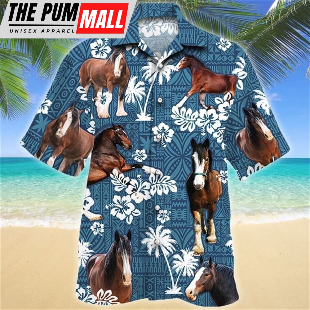 Farm Hawaiian Shirt, Clydesdale Horse Blue Tribal All Over Printed 3D Hawaiian Shirt, Animal Hawaiian Shirt