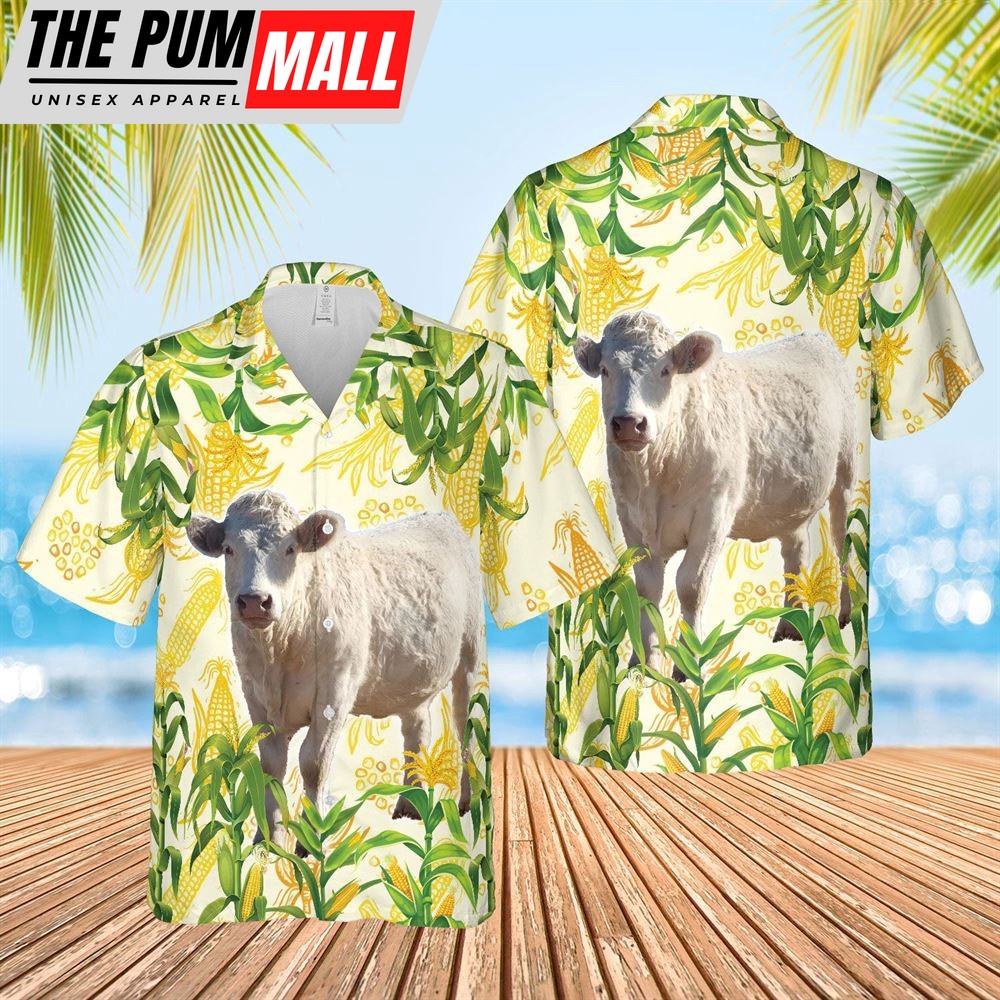 Farm Hawaiian Shirt, Corn Farm Charolais All Over Printed 3D Hawaiian Shirt, Animal Hawaiian Shirt