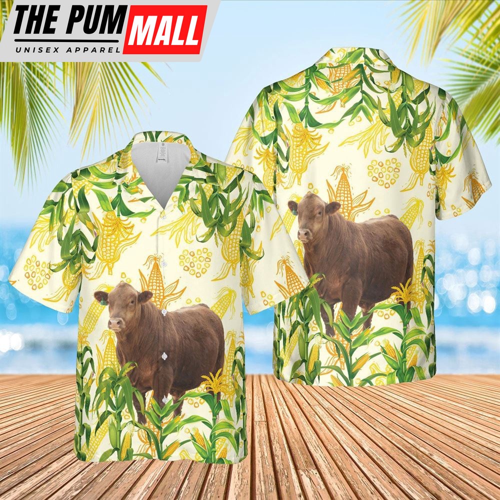 Farm Hawaiian Shirt, Corn Farm Gelbvieh All Over Printed 3D Hawaiian Shirt, Animal Hawaiian Shirt