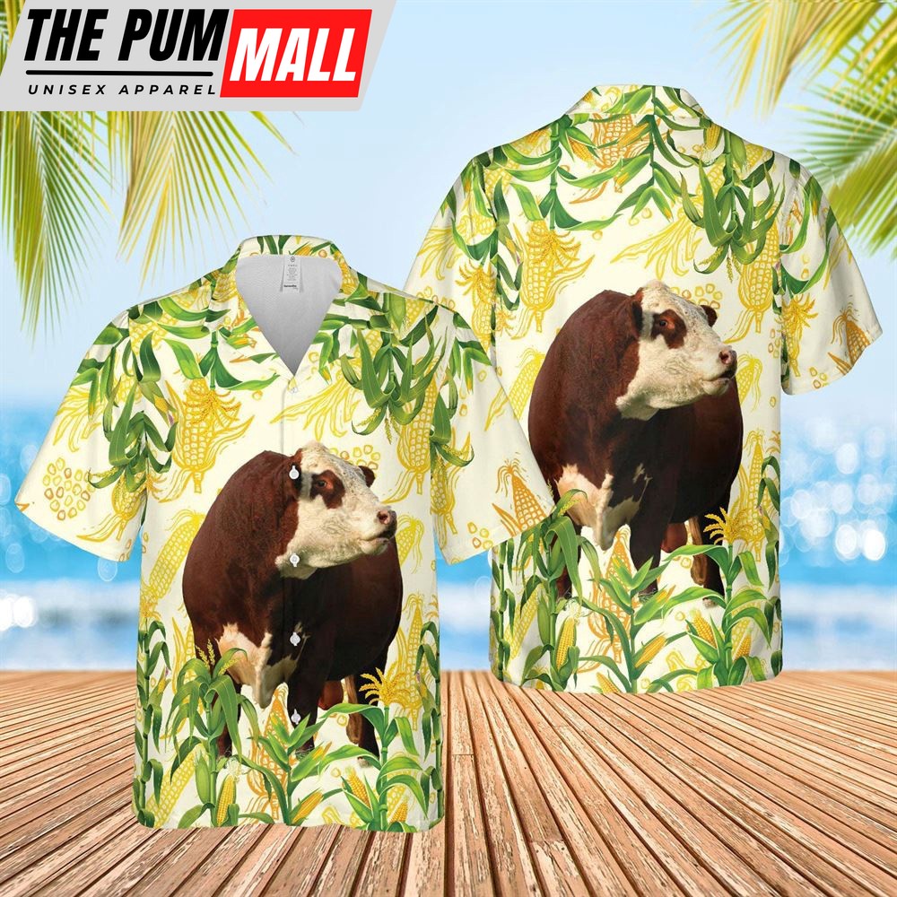 Farm Hawaiian Shirt, Corn Farm Hereford All Over Printed 3D Hawaiian Shirt, Animal Hawaiian Shirt