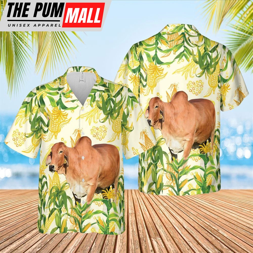 Farm Hawaiian Shirt, Corn Farm Red Brahman All Over Printed 3D Hawaiian Shirt, Animal Hawaiian Shirt