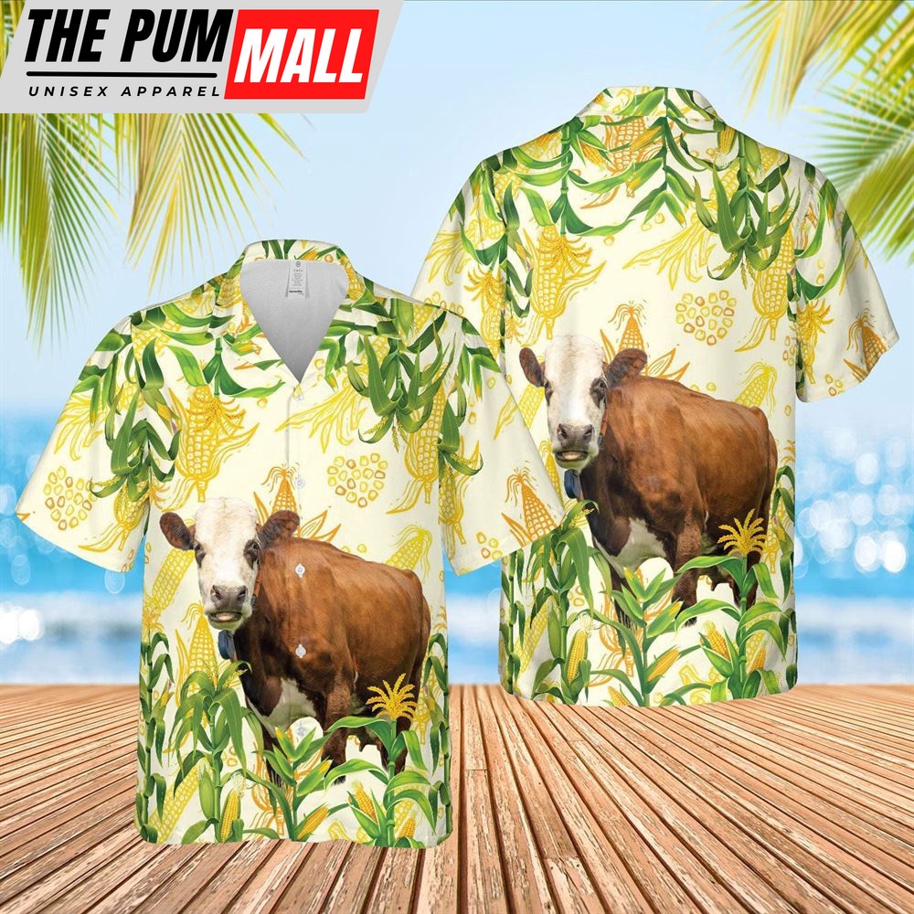 Farm Hawaiian Shirt, Corn Farm Simmental All Over Printed 3D Hawaiian Shirt, Animal Hawaiian Shirt